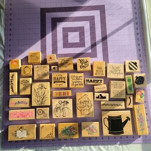 Assorted Wooden Backed Rubber Stamp Lot Vintagr Set 37 Piece Crafts Scrapbooking